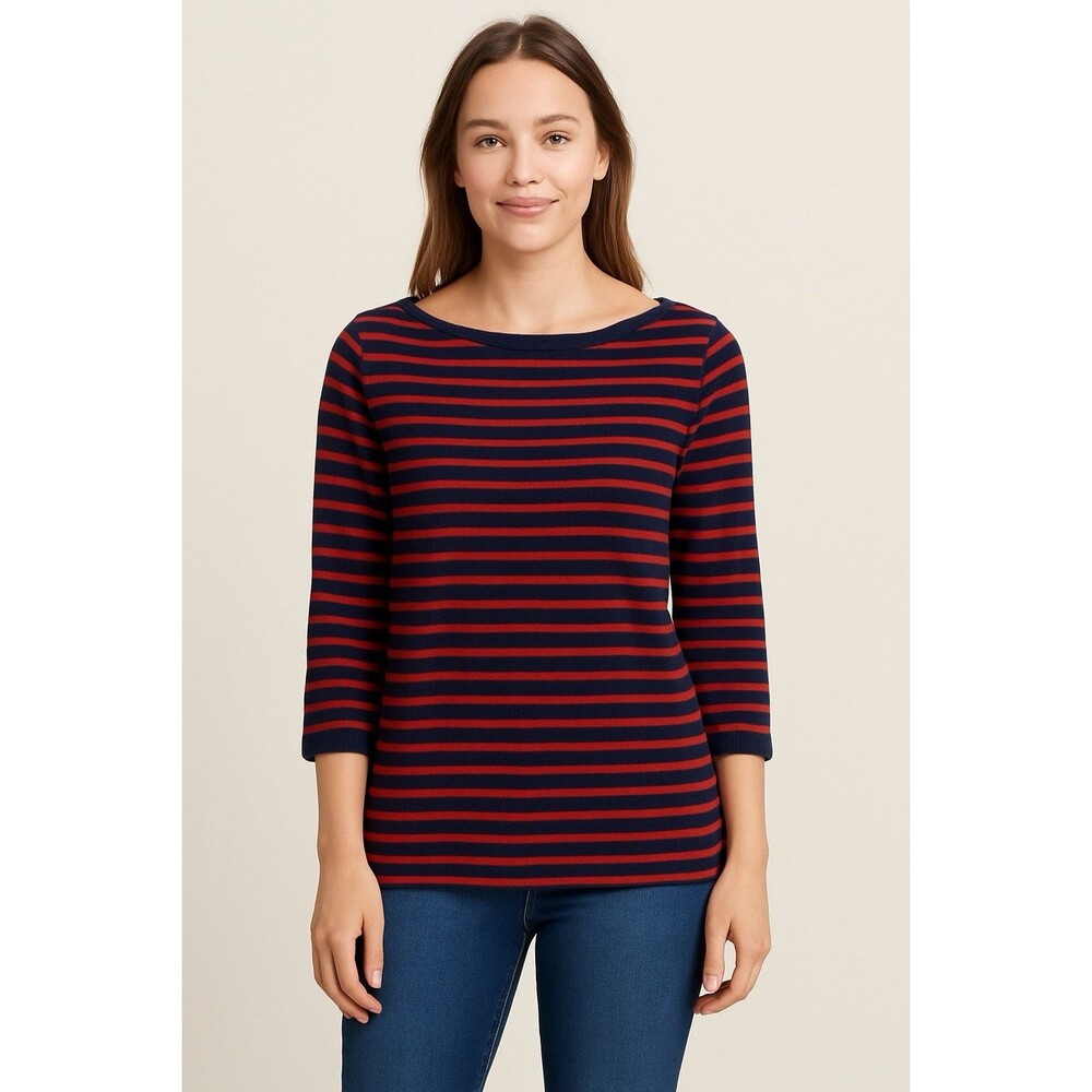 Lands’ End Striped Boatneck Sweater Womens M Blue Red 3/4 Sleeve Nautical Cotton